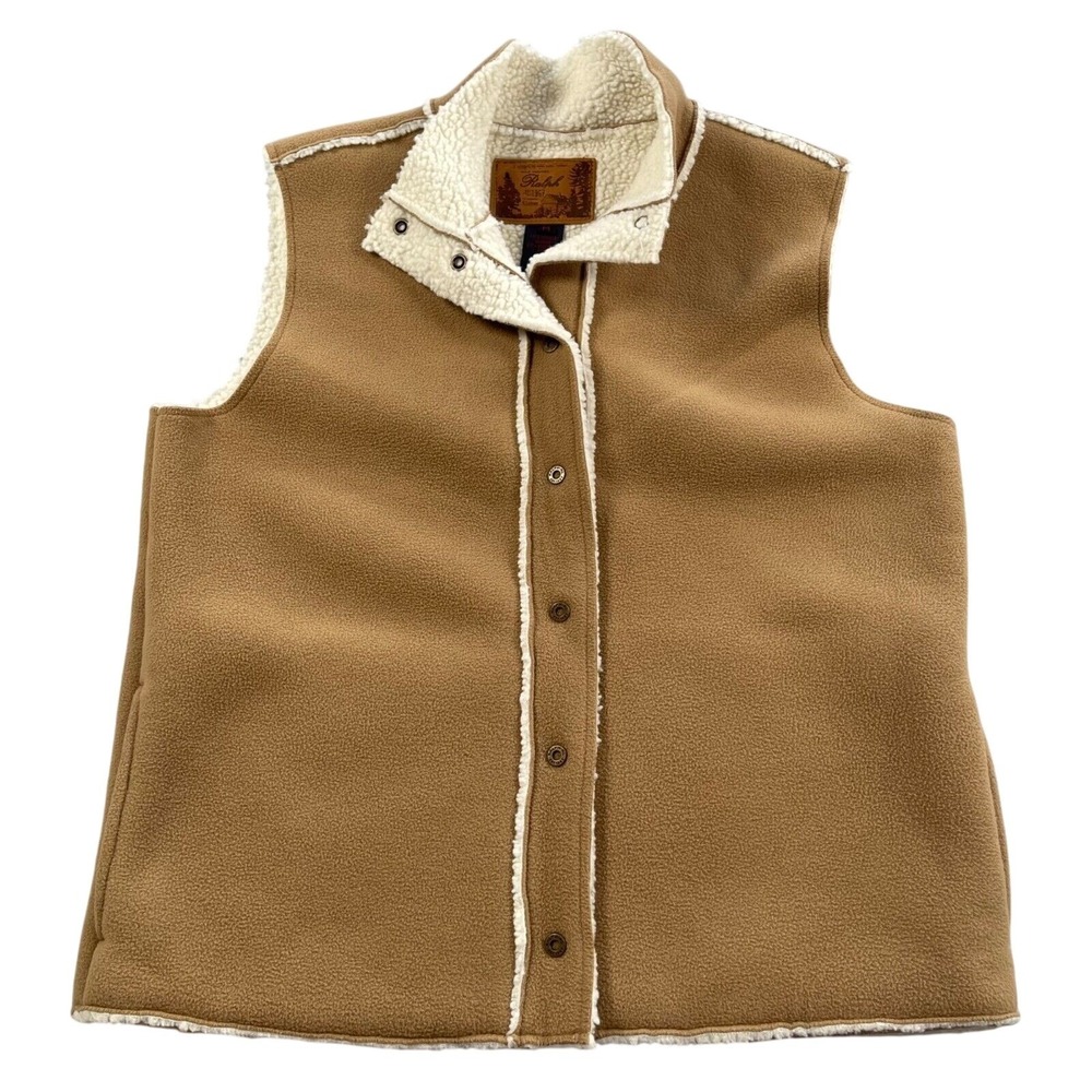 Ralph Lauren Camel Fleece Vest with Cream Sherpa Trim. Size medium